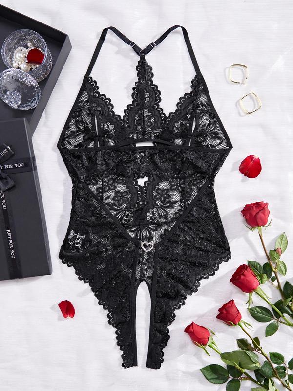 Women's Heart Decor Contrast Lace Cami Bodysuit, Sexy Scallop Trim Backless Lingerie for Women, Fashion Comfy Women's Underwear for All Seasons